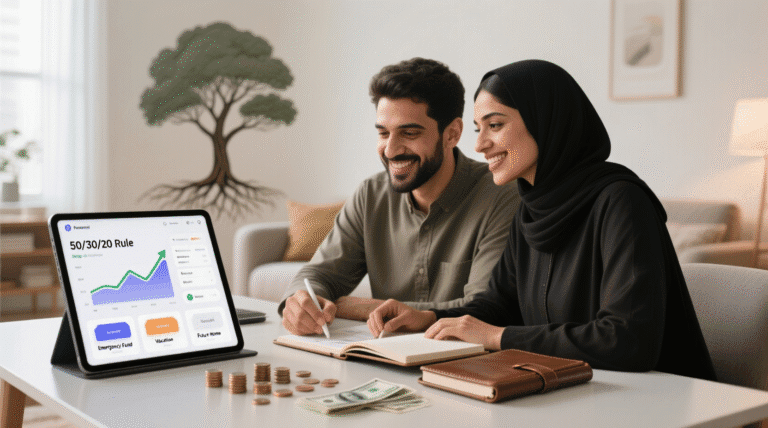 شخص يخطط لميزانيته الشهرية باستخدام تطبيق هاتف، مع جدول يوضح قاعدة 50/30/20 للادخار ونمو تدريجي في الرصيد