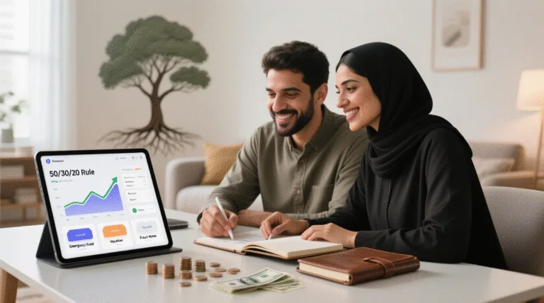 شخص يخطط لميزانيته الشهرية باستخدام تطبيق هاتف، مع جدول يوضح قاعدة 50/30/20 للادخار ونمو تدريجي في الرصيد