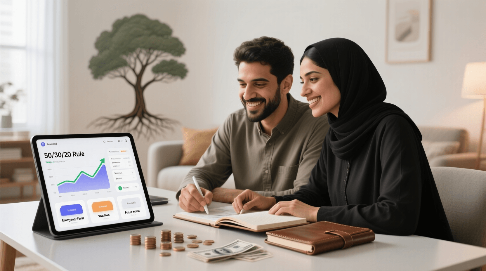 شخص يخطط لميزانيته الشهرية باستخدام تطبيق هاتف، مع جدول يوضح قاعدة 50/30/20 للادخار ونمو تدريجي في الرصيد