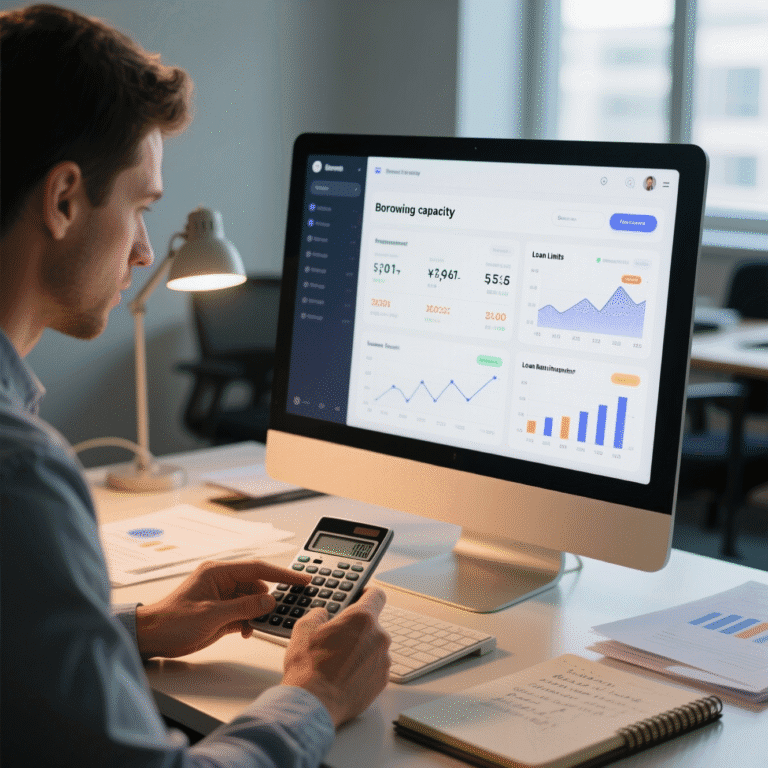 شخص يحسب قدرته على الاقتراض باستخدام آلة حاسبة رقمية على شاشة حاسوب، مع معادلات مالية وبيانات دخل ومصروفات ظاهرة – أداة عملية لتحديد الحد الأقصى للقرض الآمن"