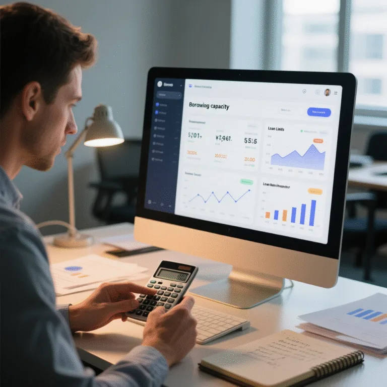 شخص يحسب قدرته على الاقتراض باستخدام آلة حاسبة رقمية على شاشة حاسوب، مع معادلات مالية وبيانات دخل ومصروفات ظاهرة – أداة عملية لتحديد الحد الأقصى للقرض الآمن"