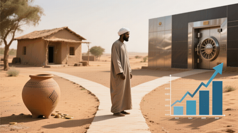 شخص يقف عند مفترق طريق مالي، على اليسار جرة ادخار، وعلى اليمين رسم بياني نمو، مع خلفية تُظهر منزلًا ومحفظة استثمارية