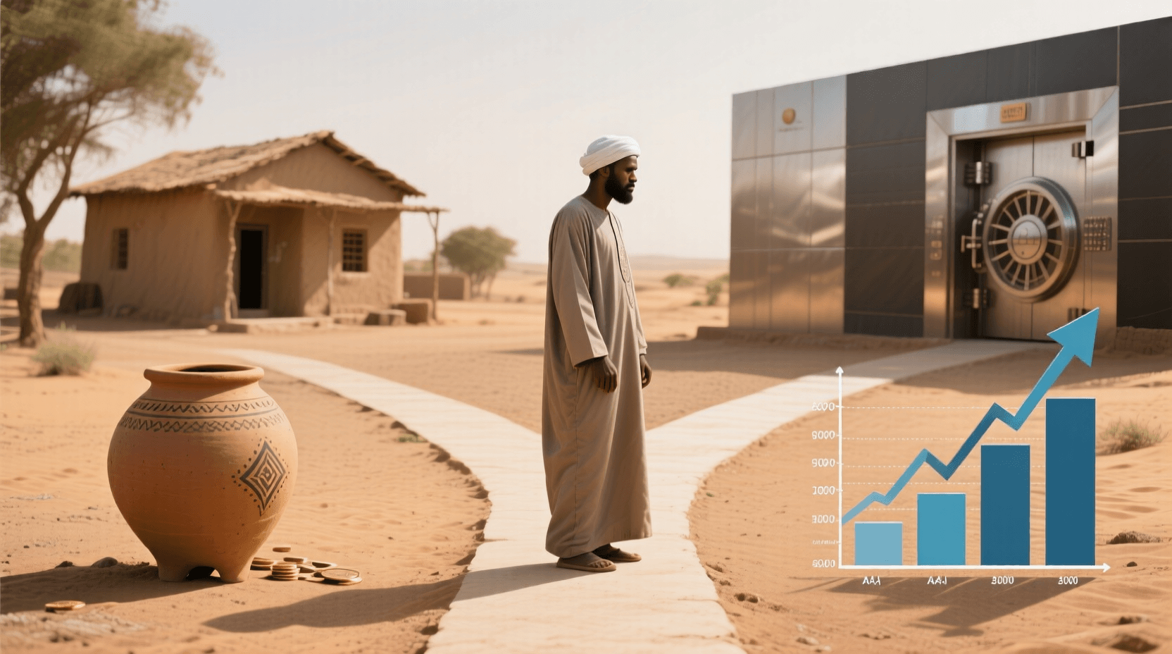 شخص يقف عند مفترق طريق مالي، على اليسار جرة ادخار، وعلى اليمين رسم بياني نمو، مع خلفية تُظهر منزلًا ومحفظة استثمارية