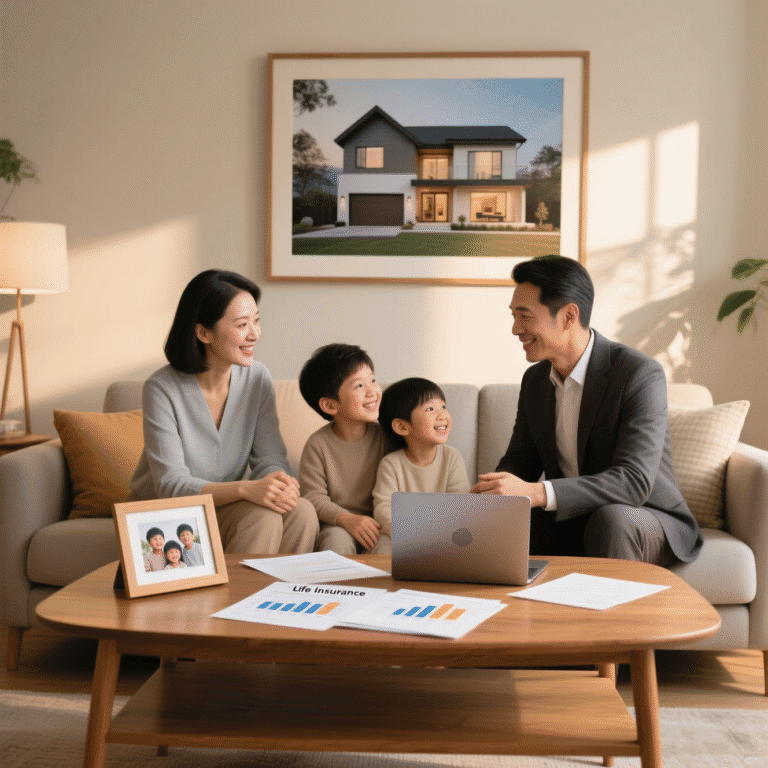 عائلة في الإمارات تناقش خيارات التأمين الصحي مع مستشار، أمام شاشة تُظهر مقارنة بين بوليصات تأمين طبي شاملة وأسعارها