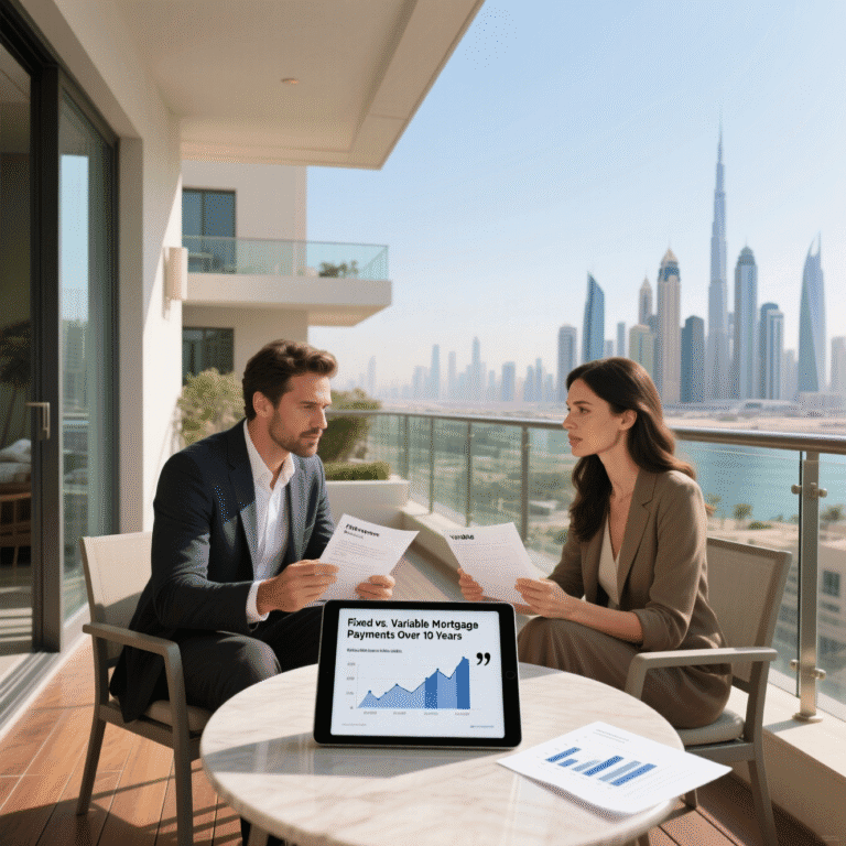 رجل وامرأة يجلسان على شرفة منزل في دبي، يراجعان عرضين لتمويل عقاري: أحدهما بفائدة ثابتة والآخر متغيرة، مع رسوم بيانية توضح الفرق في الأقساط على مدى 10 سنوات"