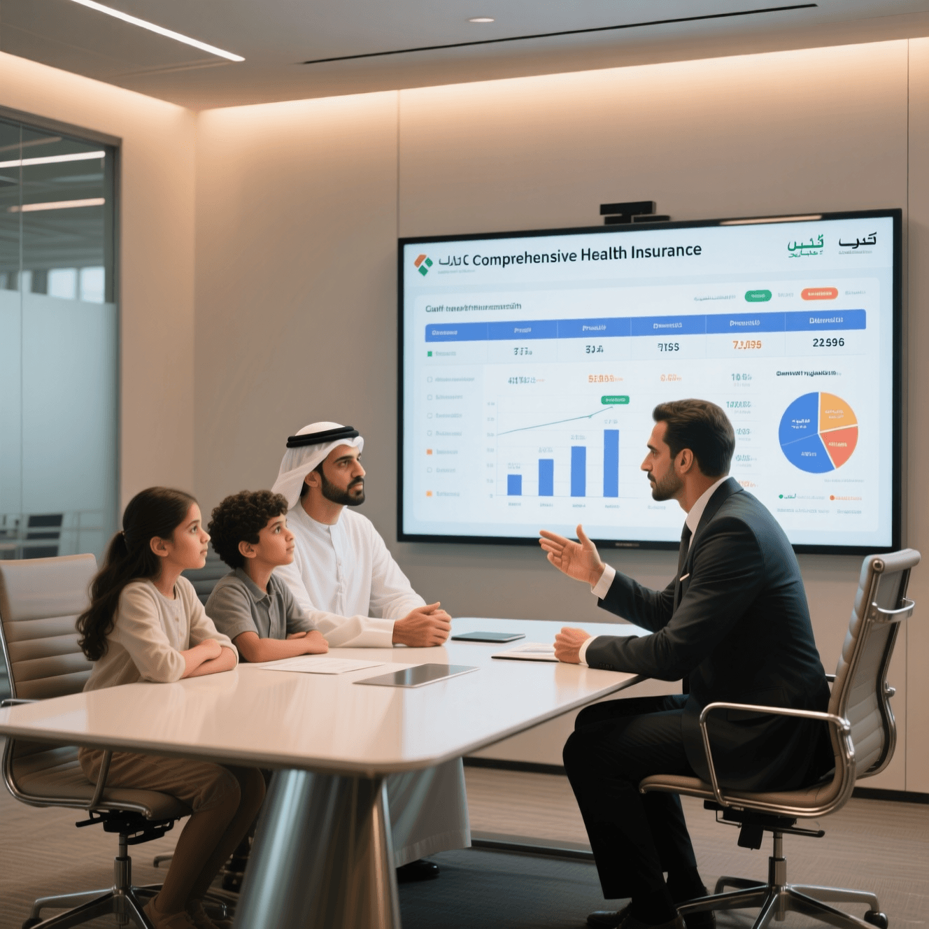 عائلة في الإمارات تناقش خيارات التأمين الصحي مع مستشار، أمام شاشة تُظهر مقارنة بين بوليصات تأمين طبي شاملة وأسعارها"