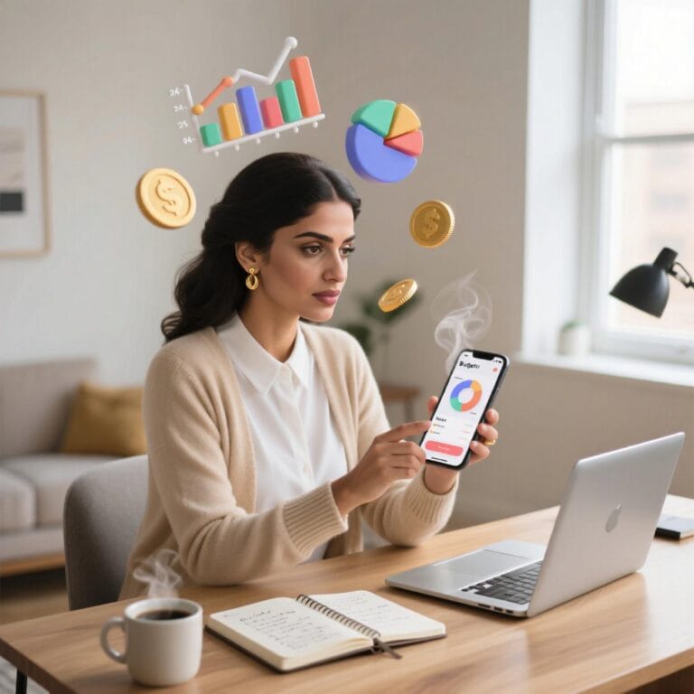 صورة توضيحية لامرأة تخطط لميزانيتها البنكية باستخدام تطبيق على الهاتف – تثقيف مالي عملي