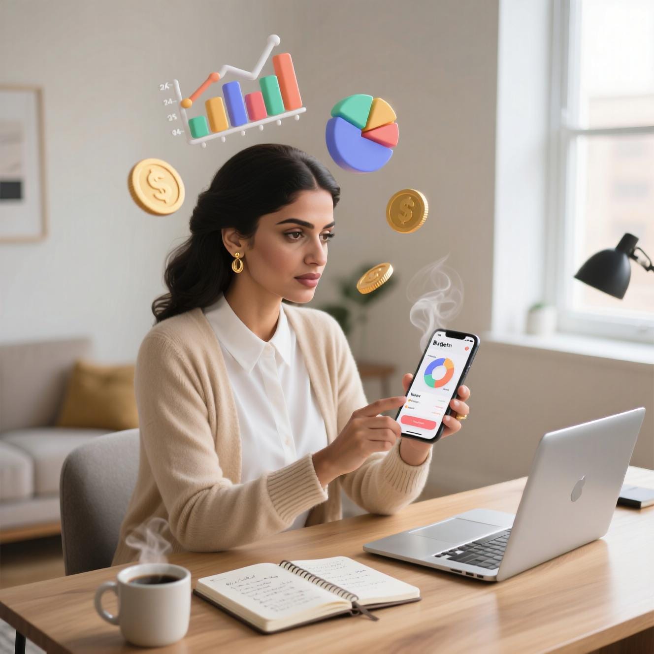 صورة توضيحية لامرأة تخطط لميزانيتها البنكية باستخدام تطبيق على الهاتف – تثقيف مالي عملي