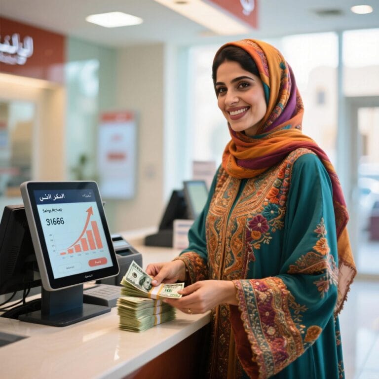 صورة حقيقية توضيحية لامرأة تضع المال في حساب توفير – دليل عملي للادخار للنساء