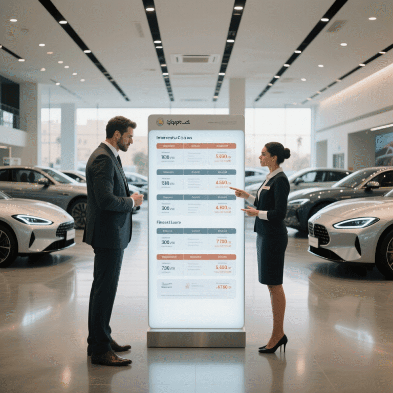 عروض تمويل السيارات في مصر أمام معرض سيارات حديث، مع جدول مقارنة بين أسعار الفائدة وفترات السداد – دليل عملي للحصول على أفضل قرض سيارة في القاهرة"