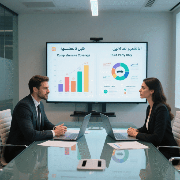 رجل وامرأة يقارنان بين بوليصتي تأمين سيارات: واحدة شاملة وأخرى ضد الغير، مع جدول مقارنة على شاشة حاسوب يوضح الفروقات في التغطية والسعر"