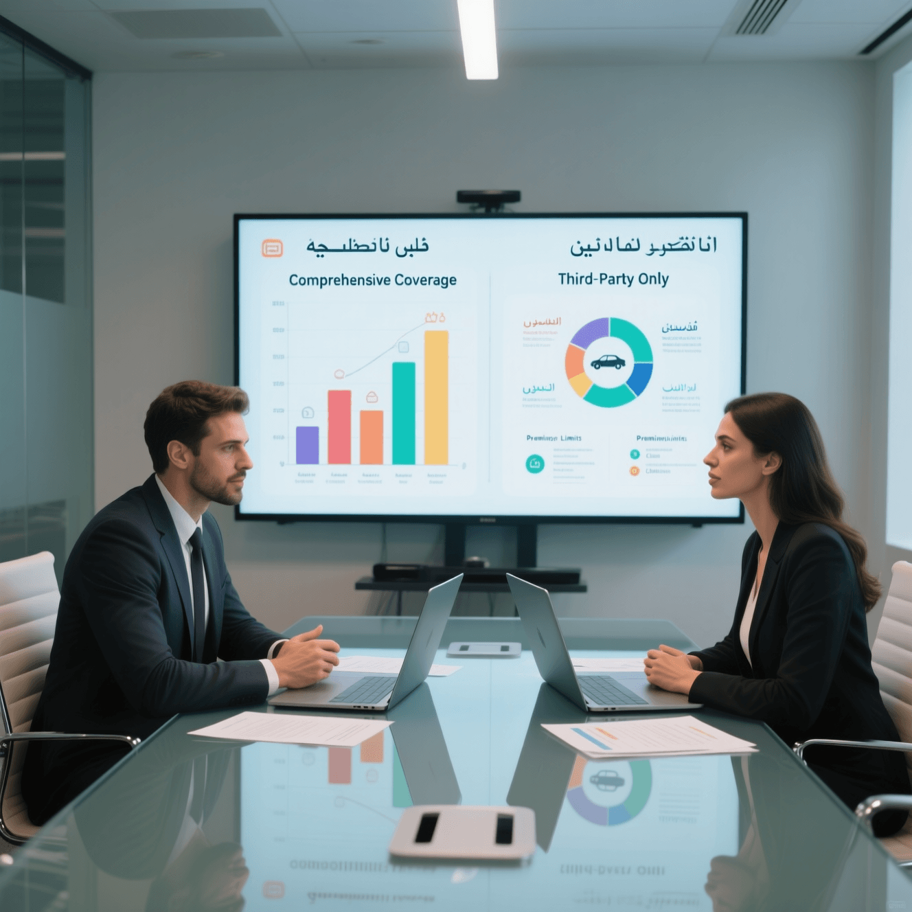 رجل وامرأة يقارنان بين بوليصتي تأمين سيارات: واحدة شاملة وأخرى ضد الغير، مع جدول مقارنة على شاشة حاسوب يوضح الفروقات في التغطية والسعر"