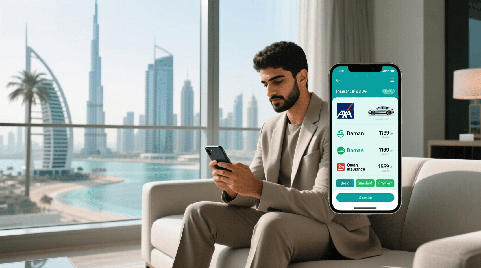 شخص في دبي يقارن أسعار تأمين السيارات على هاتفه الذكي، مع ظهور شاشة تُظهر عروضًا من شركات مثل AXA وDaman