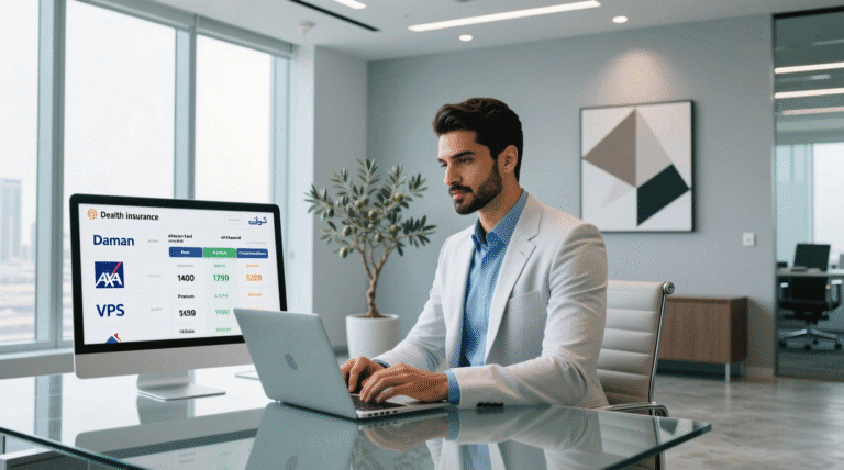 موظف إماراتي يدرس خيارات التأمين الصحي على شاشة كمبيوتر، مع ظهور جدول مقارنة بين شركات تأمين طبية في دبي وأبوظبي
