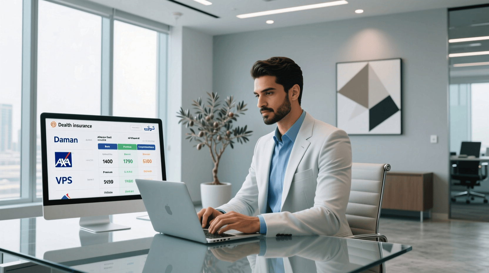 موظف إماراتي يدرس خيارات التأمين الصحي على شاشة كمبيوتر، مع ظهور جدول مقارنة بين شركات تأمين طبية في دبي وأبوظبي
