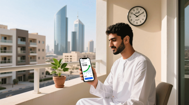 شاب سعودي يستخدم تطبيق ادخار على هاتفه الذكي، مع ظهور رمز تقدم ونمو رصيد، في بيئة منزلية عصرية