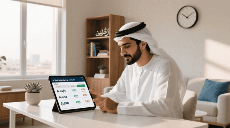 شخص سعودي يدرس خيارات حسابات التوفير ذات الفائدة العالية على شاشة كمبيوتر، مع ظهور جدول مقارنة بين بنوك مثل الراجحي، الأهلي، والإنماء