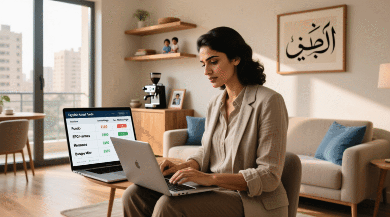 موظف مصري يدرس خيارات الاستثمار عبر شاشة كمبيوتر، مع ظهور جدول مقارنة بين صناديق استثمار مرخصة من البنك المركزي المصري