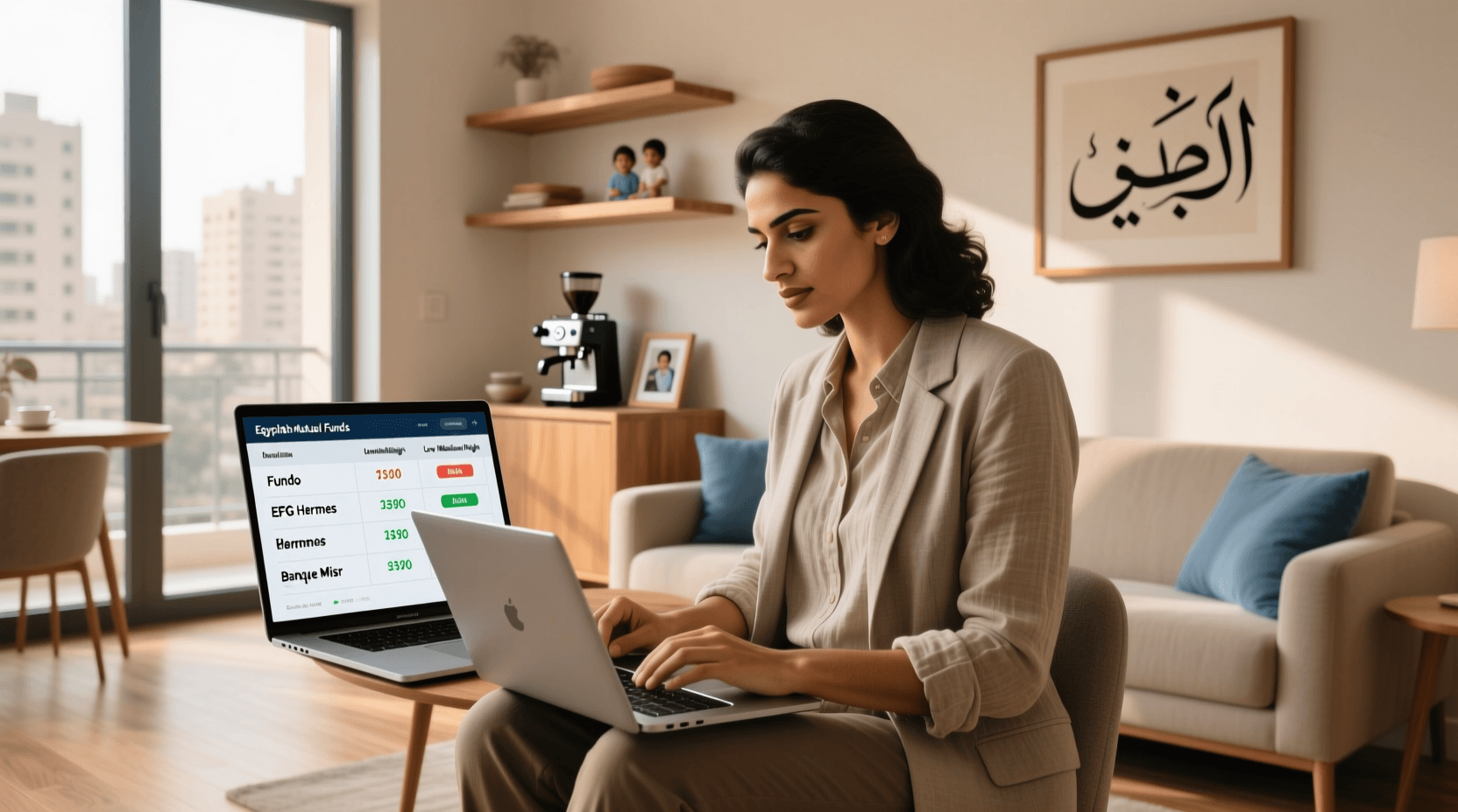 موظف مصري يدرس خيارات الاستثمار عبر شاشة كمبيوتر، مع ظهور جدول مقارنة بين صناديق استثمار مرخصة من البنك المركزي المصري