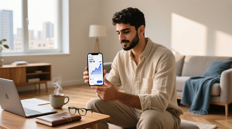 شاب عربي يستثمر عبر هاتفه الذكي، مع ظهور شاشة تطبيق استثمار يُظهر نمو الرصيد، في بيئة منزلية هادئة