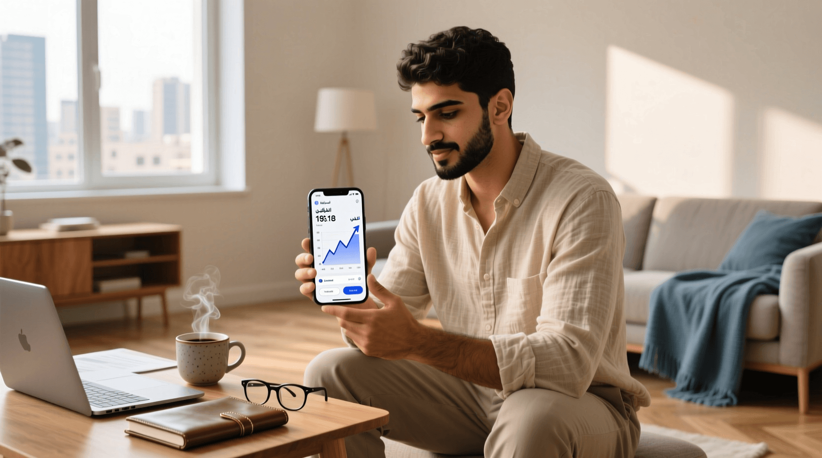 شاب عربي يستثمر عبر هاتفه الذكي، مع ظهور شاشة تطبيق استثمار يُظهر نمو الرصيد، في بيئة منزلية هادئة