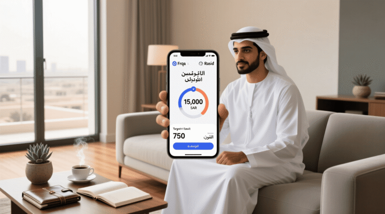 شخص سعودي يخطط لبناء صندوق طوارئ على هاتفه الذكي، مع ظهور تطبيق ادخار يُظهر تقدم الرصيد الشهري