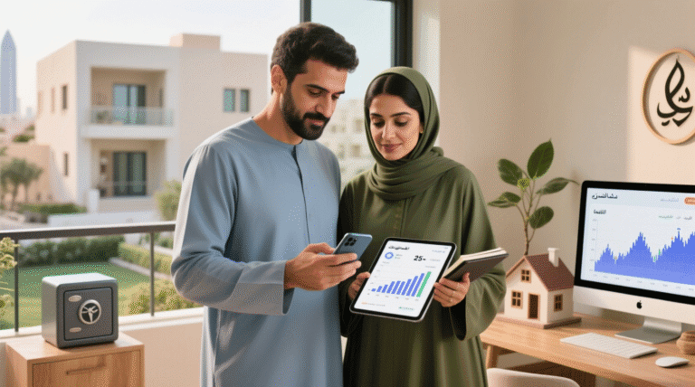 رجل وامرأة عربيان يدرسان خطة استثمار على شاشة كمبيوتر في مكتب منزلي، مع خلفية تُظهر مخطط نمو ورمز عقاري، في بيئة هادئة وعصرية