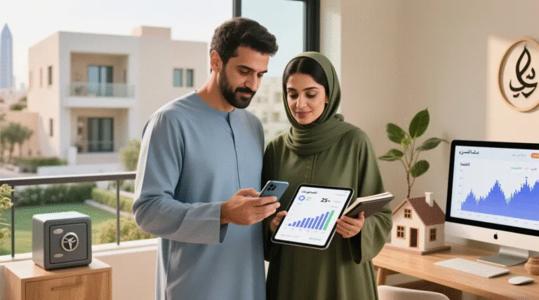 رجل وامرأة عربيان يدرسان خطة استثمار على شاشة كمبيوتر في مكتب منزلي، مع خلفية تُظهر مخطط نمو ورمز عقاري، في بيئة هادئة وعصرية