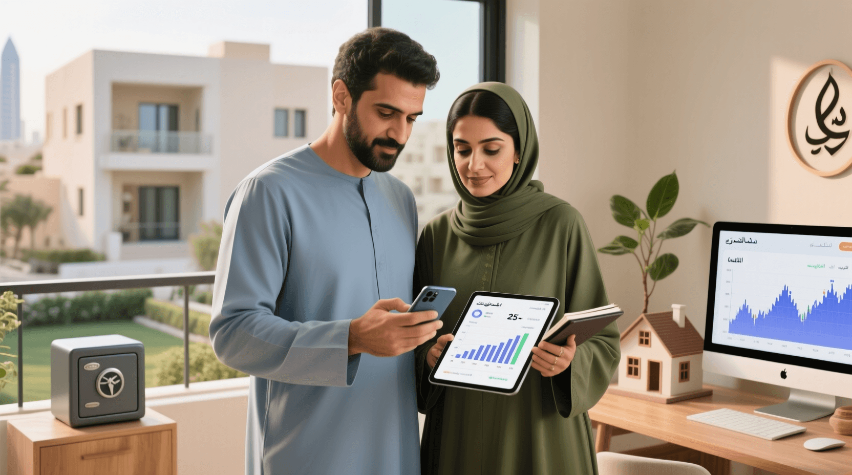 رجل وامرأة عربيان يدرسان خطة استثمار على شاشة كمبيوتر في مكتب منزلي، مع خلفية تُظهر مخطط نمو ورمز عقاري، في بيئة هادئة وعصرية