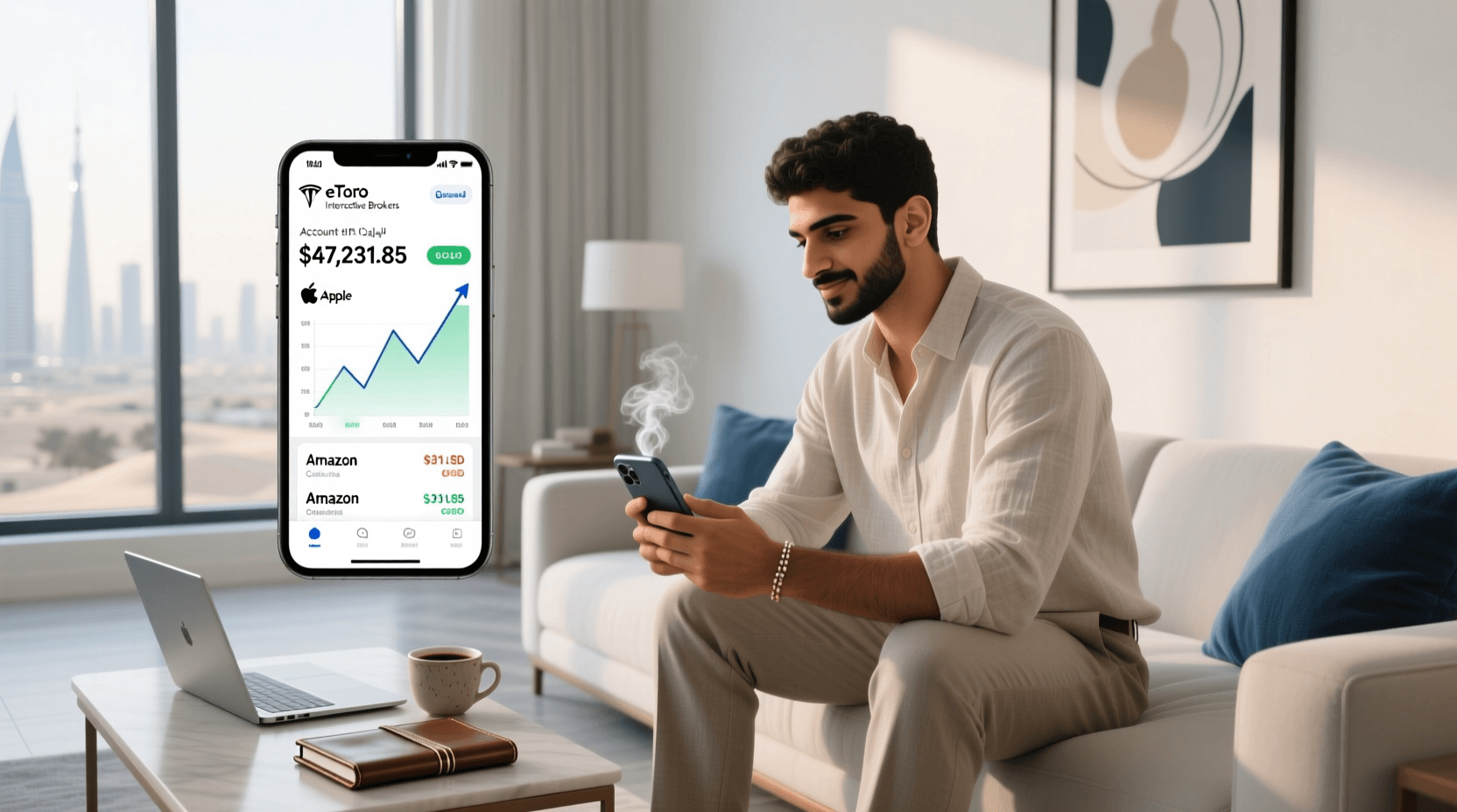 شخص عربي يستثمر في الأسهم الأمريكية عبر هاتفه الذكي، مع ظهور شاشة منصة مثل eToro أو Interactive Brokers