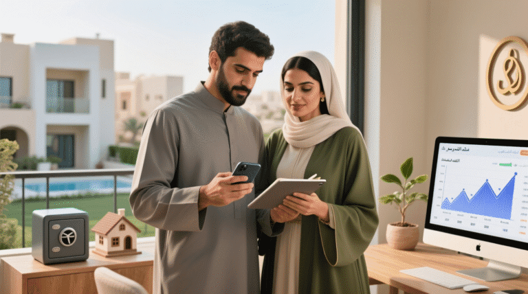 شخص يجلس على طاولة في مكتبه المنزلي، يخطط لميزانيته على كمبيوتر محمول، مع ورقة عليها أهداف مالية مثل "منزل"، "تقاعد"، و"تعليم"، في بيئة هادئة وعصرية