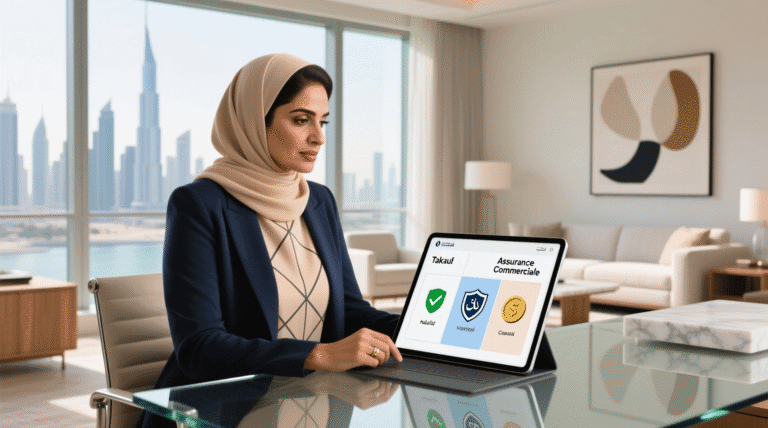 شخص يدرس خيارين للتأمين الصحي: تكافلي وتجاري، مع ظهور جدول مقارنة على شاشة كمبيوتر في بيئة منزلية عصرية
