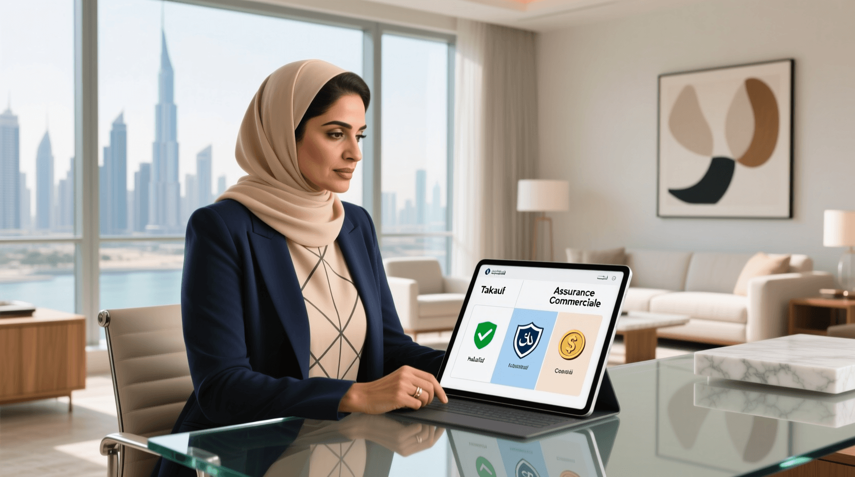 شخص يدرس خيارين للتأمين الصحي: تكافلي وتجاري، مع ظهور جدول مقارنة على شاشة كمبيوتر في بيئة منزلية عصرية