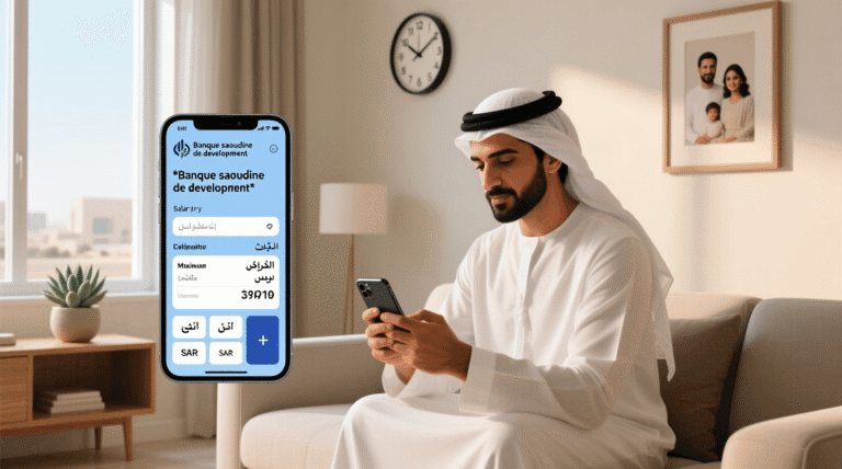 شخص سعودي يستخدم حاسبة القدرة على الاقتراض على هاتفه الذكي، مع ظهور نتائج القرض الشهري والحد الأقصى المتاح