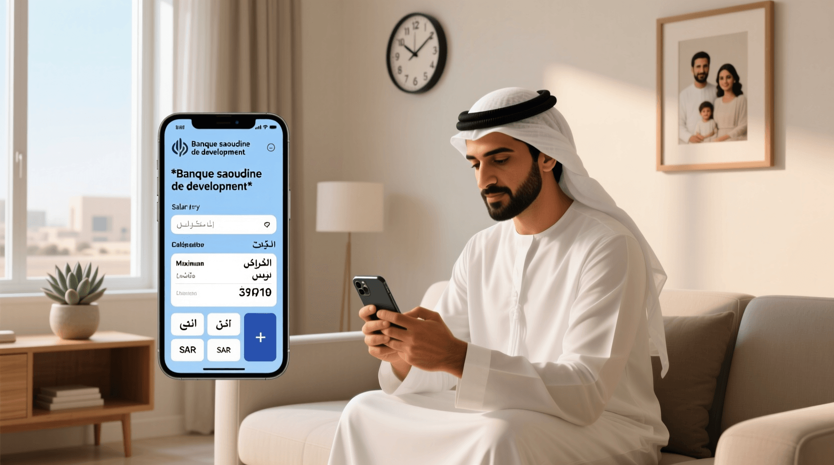 شخص سعودي يستخدم حاسبة القدرة على الاقتراض على هاتفه الذكي، مع ظهور نتائج القرض الشهري والحد الأقصى المتاح