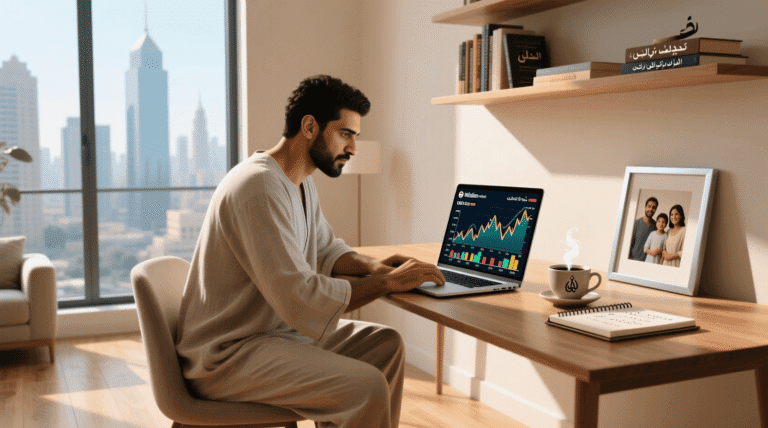 شخص مصري يدرس خطة مالية لحماية مدخراته من التضخم، مع ظهور شاشة كمبيوتر تُظهر أسعار الذهب وسعر الدولار
