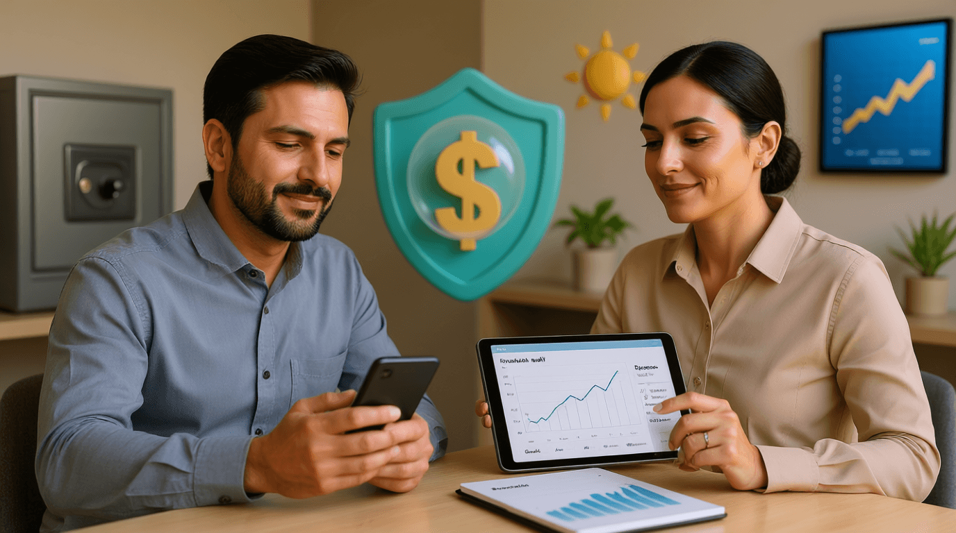 شخص يحمل محفظة نقود وراءها سهم تضخم يتجه لأسفل، مع أيقونات تمثل استثمار، ذهب، عقار، وعملة رقمية، في بيئة رقمية حديثة