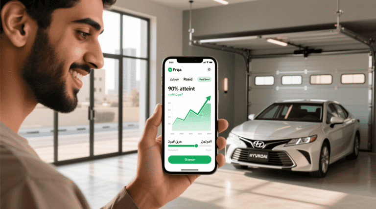 شخص يتحقق من وفوراته بعد سداد قرض السيارة مبكرًا، مع ظهور رسالة "وفرت 4,200 ريال!" على شاشة الهاتف