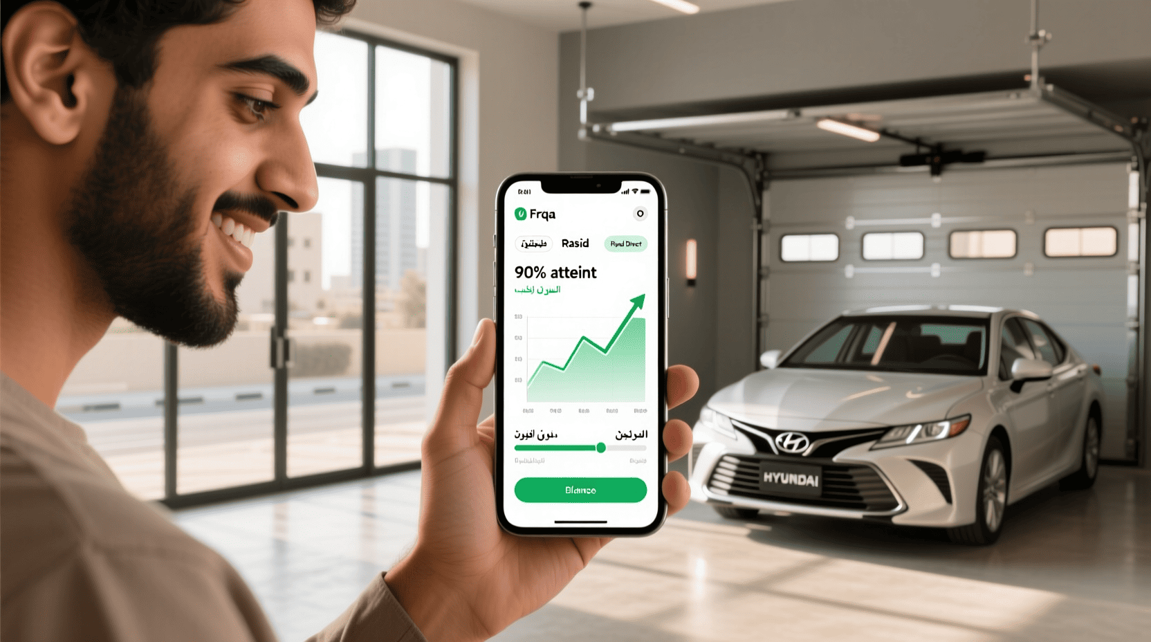 شخص يتحقق من وفوراته بعد سداد قرض السيارة مبكرًا، مع ظهور رسالة "وفرت 4,200 ريال!" على شاشة الهاتف