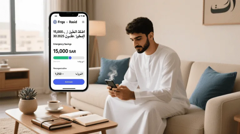 شخص سعودي يخطط لبناء صندوق طوارئ على هاتفه الذكي، مع ظهور تطبيق ادخار يُظهر تقدم الرصيد الشهري