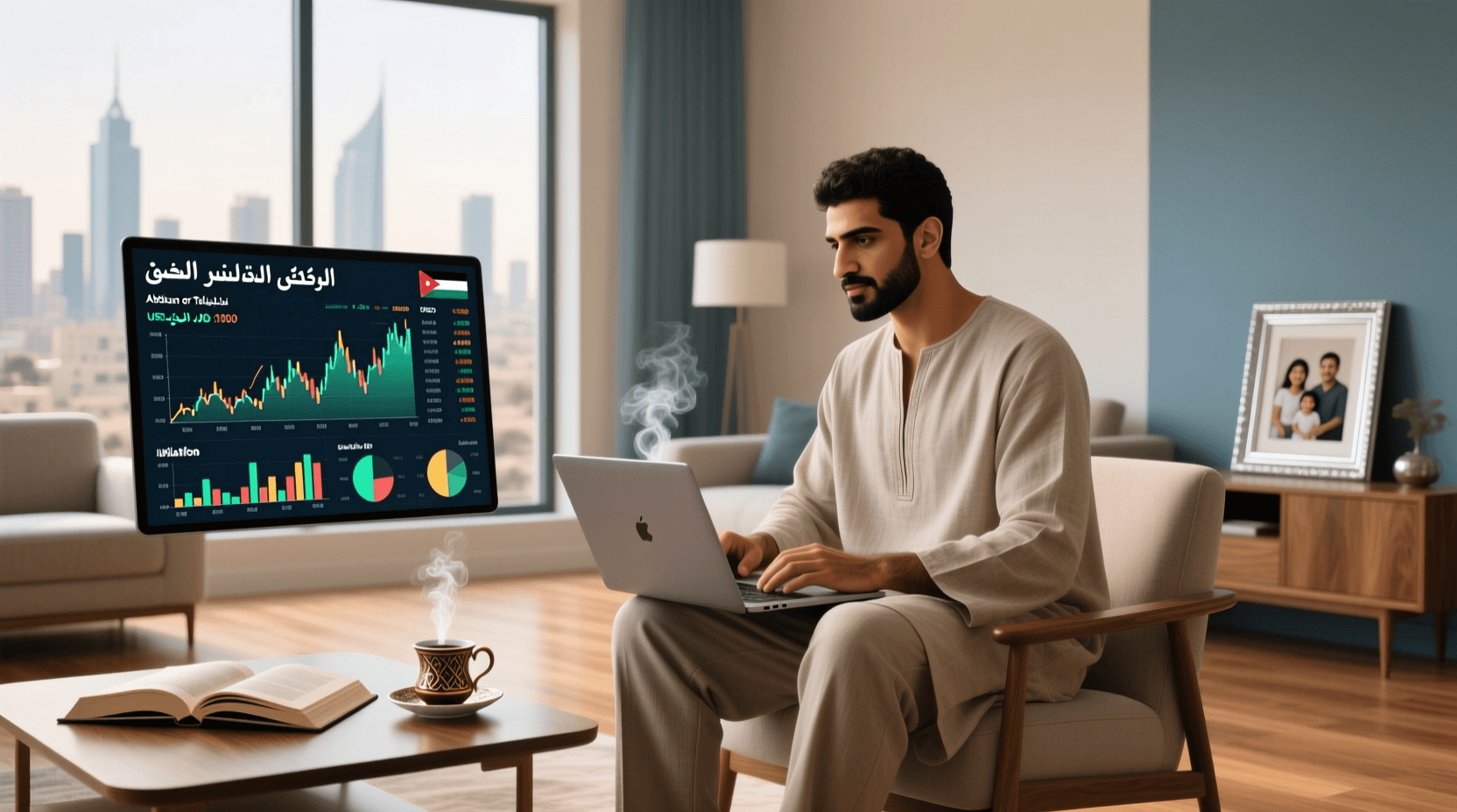 شخص أردني يدرس خططًا مالية لمواجهة التضخم، مع ظهور شاشة كمبيوتر تُظهر أسعار الذهب وسعر الدولار مقابل الدينار